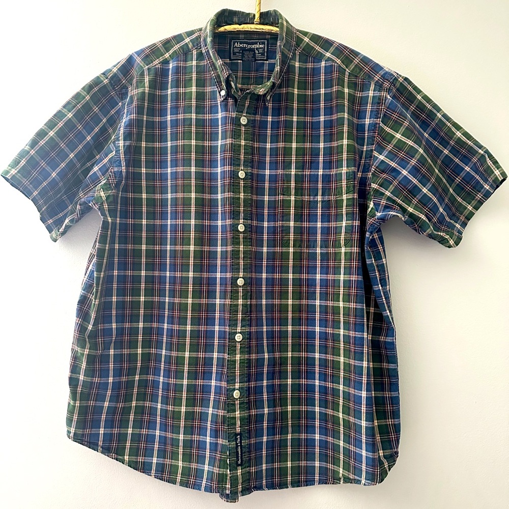 Vintage Abercrombie & Fitch Big Shirt Men’s Large Green Blue Plaid Short Sleeve